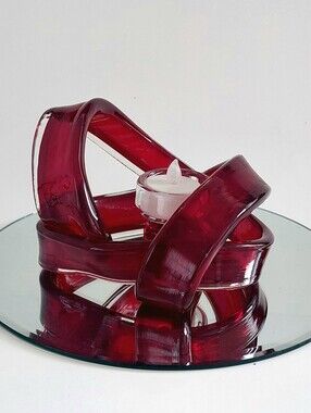Vintage Red Blown Glass Abstract Ribbon Tea Light Candle Holder Centerpiece